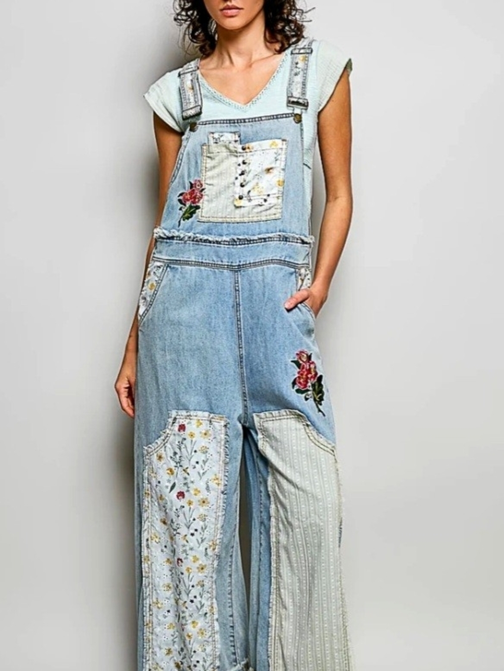 POL Light Blue Floral Embroidered Patchwork Denim Overalls